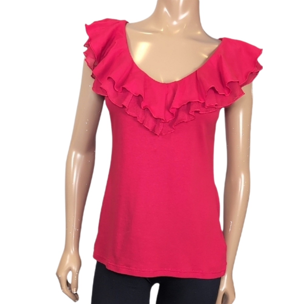3/$20 Chaps Ruffle V-neck Sleeveless Top Red Tiered Flounce Cotton Womens Medium